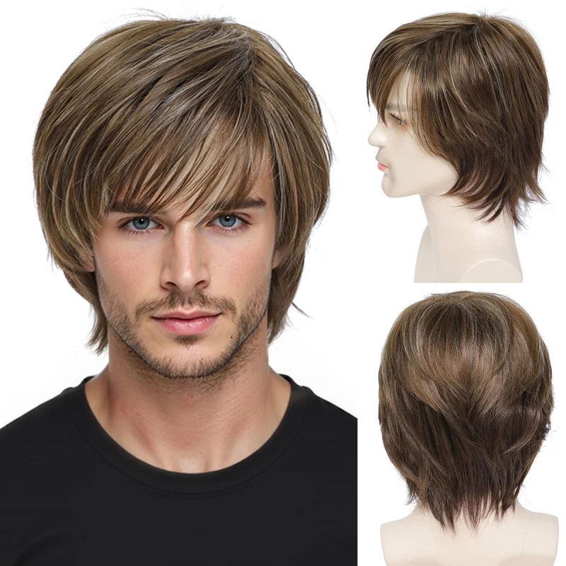 's full-head , Korean-style fine-parted, fluffy, natural-looking, simulated human hair short , men's wig