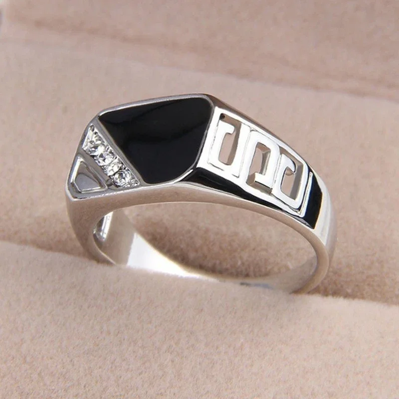 Huitan Black Enamel Wedding Rings for Women Micro Paved One Line CZ Hollow Band Special-interested Lady Engagement Party Jewelry