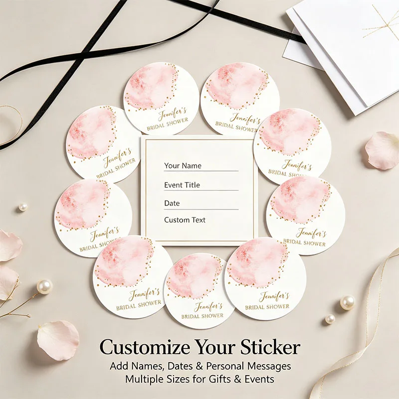 Custom Blush Pink Gold Confetti Round Stickers Personalized Name Pastel Pink Splash Glitter Dots Gift Box Packaging Stickers view 5