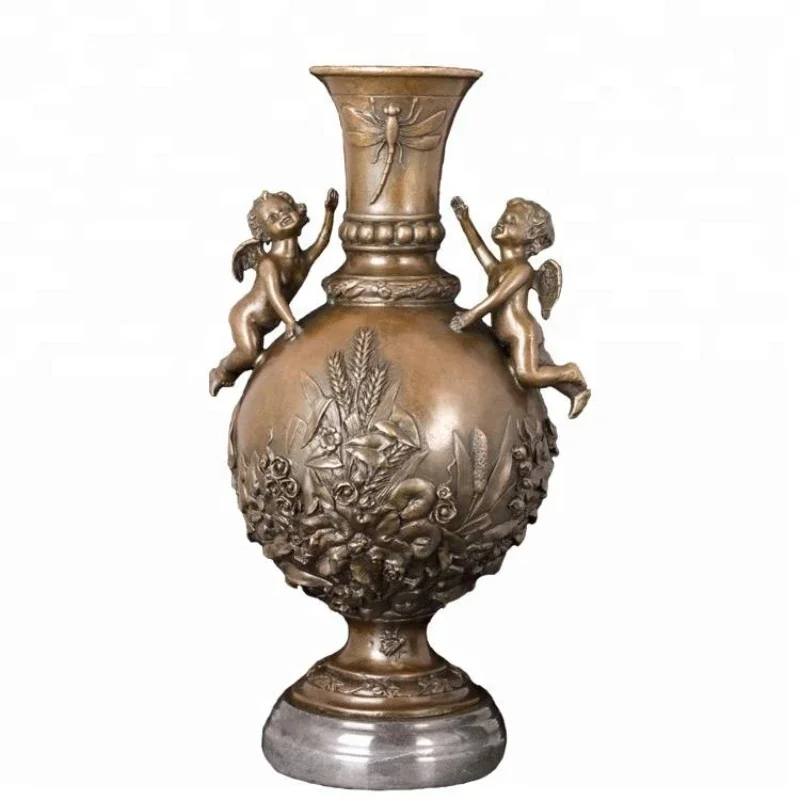 VS-003 Bronze Antique Vase with Angels Statue Sculpture European Western Classical Copper Metal Art Vase Figurine Decor