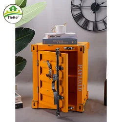 Retro Container Iron Bedside Table with Lock Storage Drawer Metal Bed Cabinet Nightstand Safe Box Home Hotel Bedroom Furniture