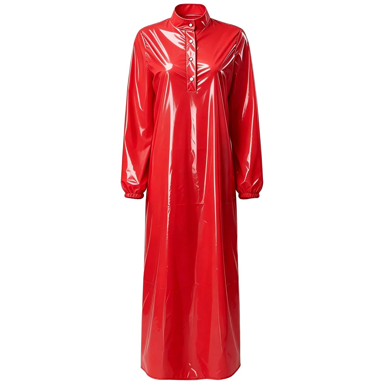 Wasserdichtes Schlafkleid für Damen mit Stehkragen, Knopfleiste, langen Ärmeln, glänzendem Vinyl-Überzug, als Badebekleidung, Clubwear, für Rave-Partys geeignet.