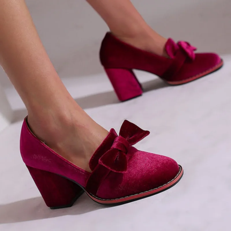 Matte Velvet Material Square Toe Car Stitching Bow Decal Shallow Women's Pumps Super High Thick Heel Elegant Noble Shoes