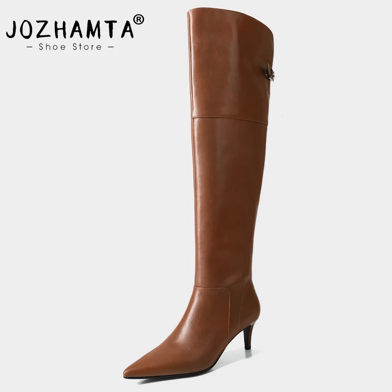 JOZHAMTA Size 34-40 2025 News Women Knee High Boots Pointed Toe Winter Woman Shoes Low Heel Genuine Leather Over Long Boots