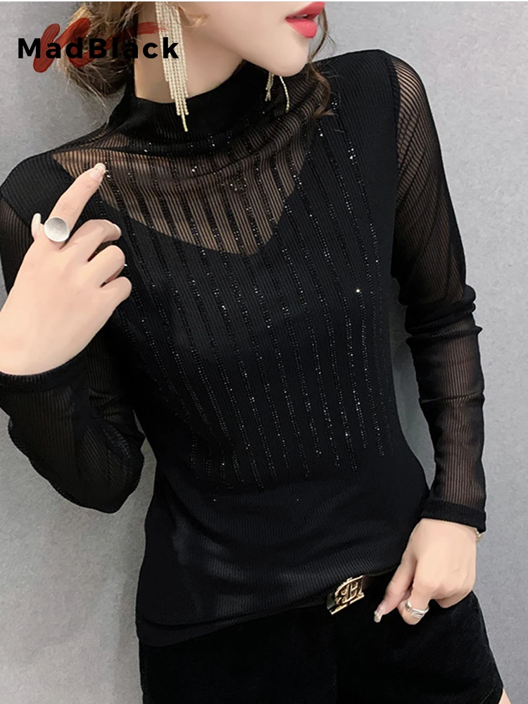 

MadBlack Spring Striped Tshirts Turtleneck Slim Sexy Elastic Shinny Hot Drill Long-Sleeved Tees Mesh Tops For Women Fall T31034X