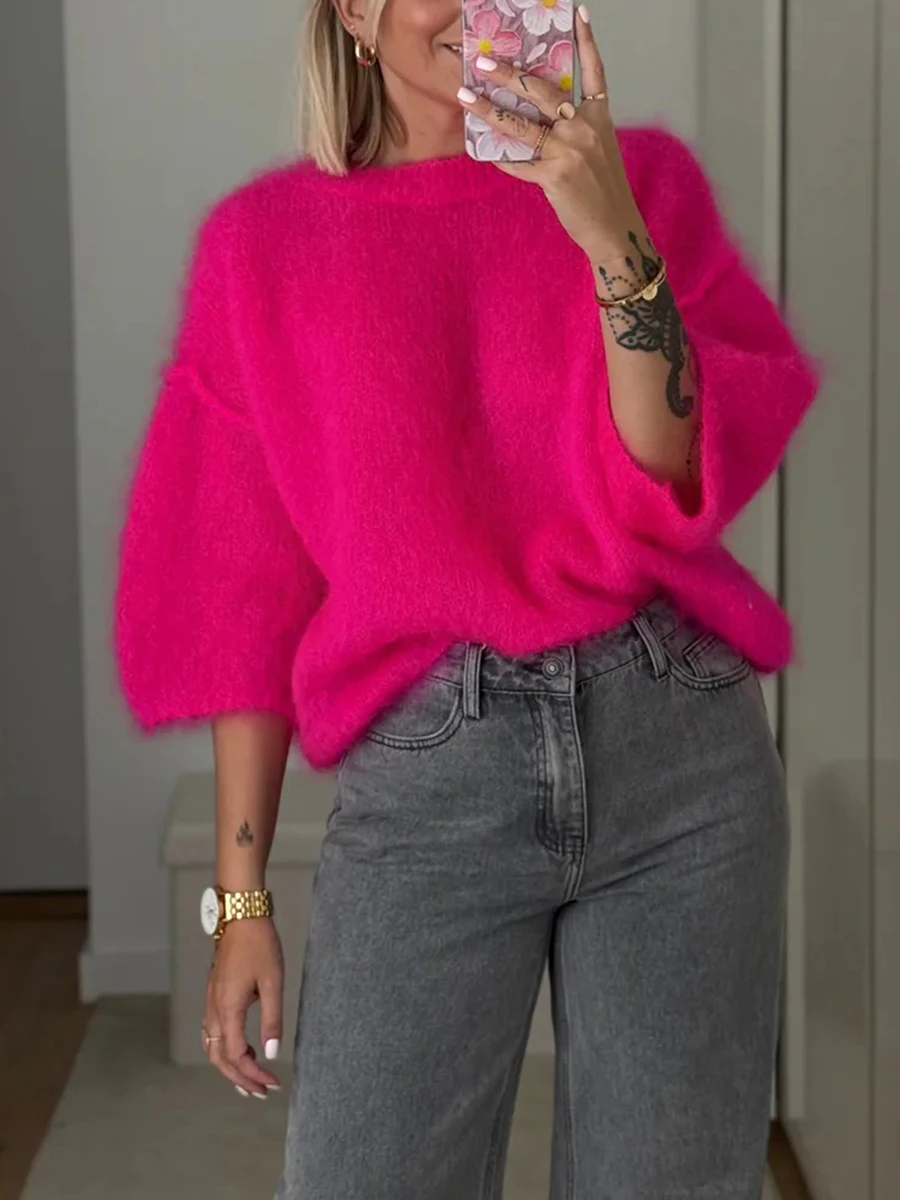 Nuovo maglione a mezza manica da donna fuzzy tinta unita girocollo con spalle scoperte pullover top sciolto casual streetwear SML