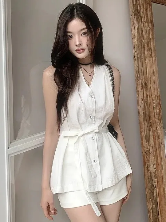 

Ele Korean Sle Женский жилет Топ V-Ne Slim Fit ort Sve Faionable Summer irt Hanging Ne Waist Cinching