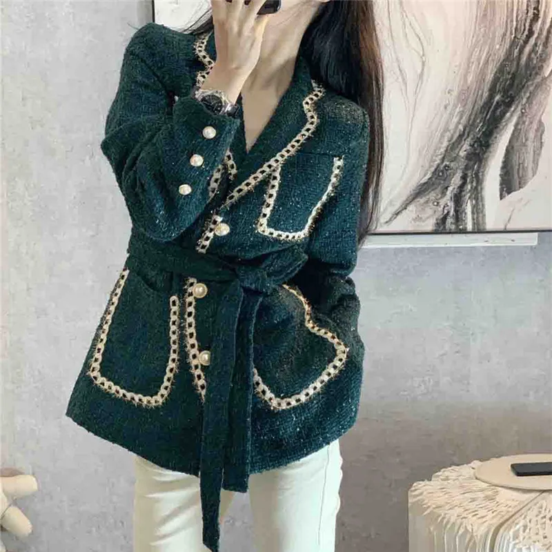 Autumn Winter Women Tweed Blazer Jacket Designer Fashion Pocket Spliced Slim Green Suit Jacket Lady Elegant Formal Blazers Coat