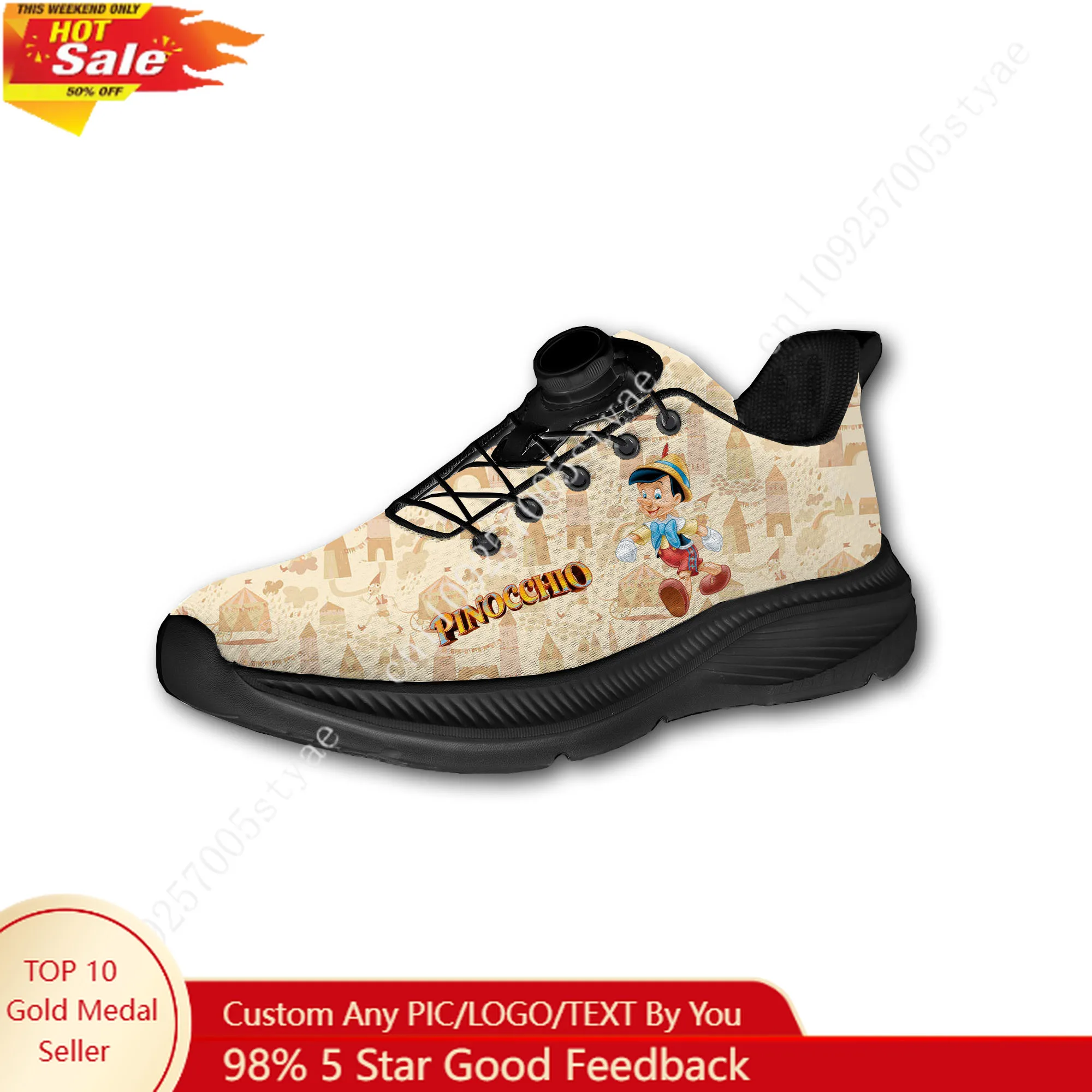 

Pinocchio Sport Shoes Custom Men Woman Rotating Button No Tie Shoes Design Photo Logo Text Soft Sneakers Unisex Holiday Gifts