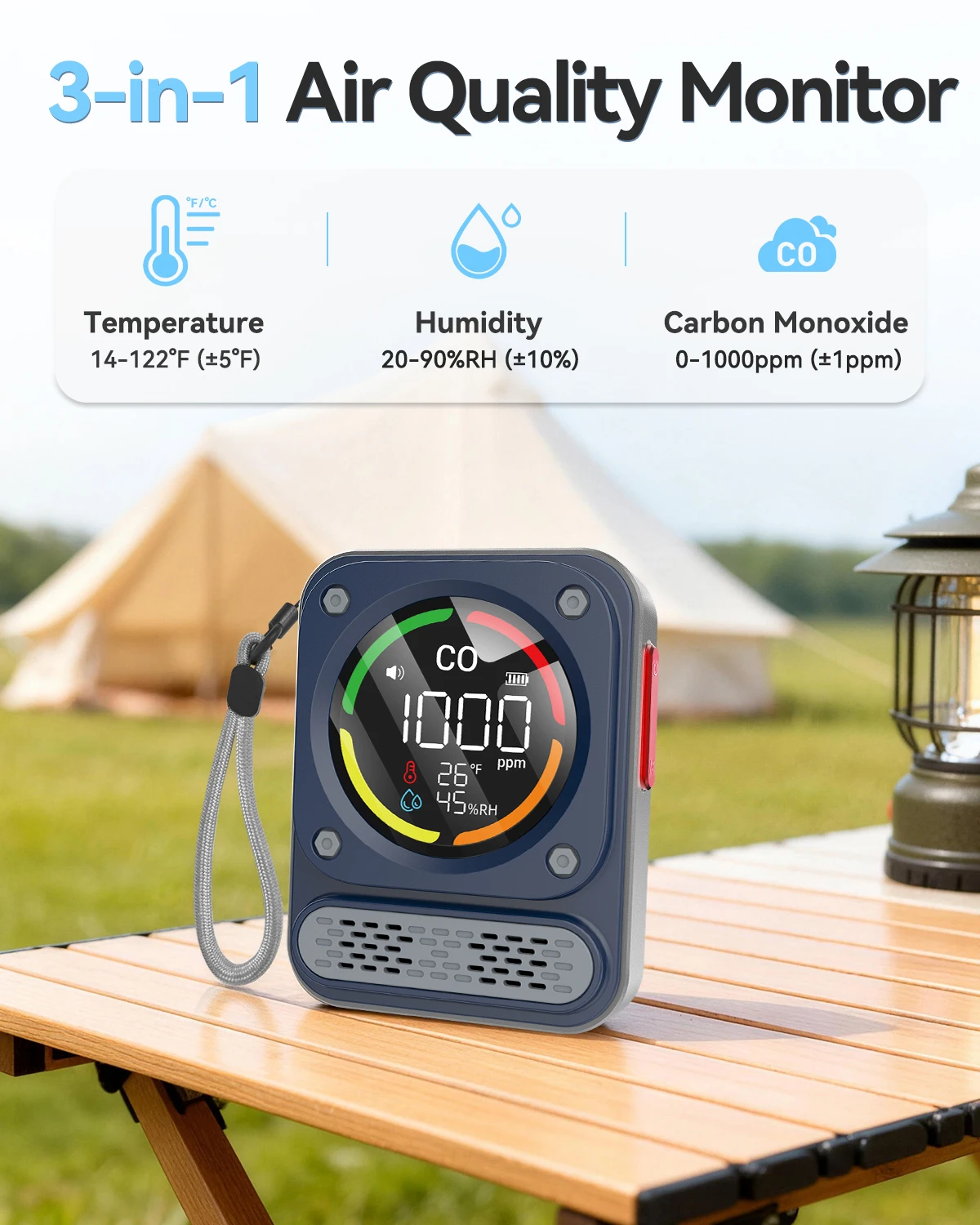 BOSEAN Portable Carbon Monoxide Detector CO Meter 3‑in‑1 CO Temperature Humidity Monitor Type‑C Rechargeable Sound Light Alarm for Home Camping Travel