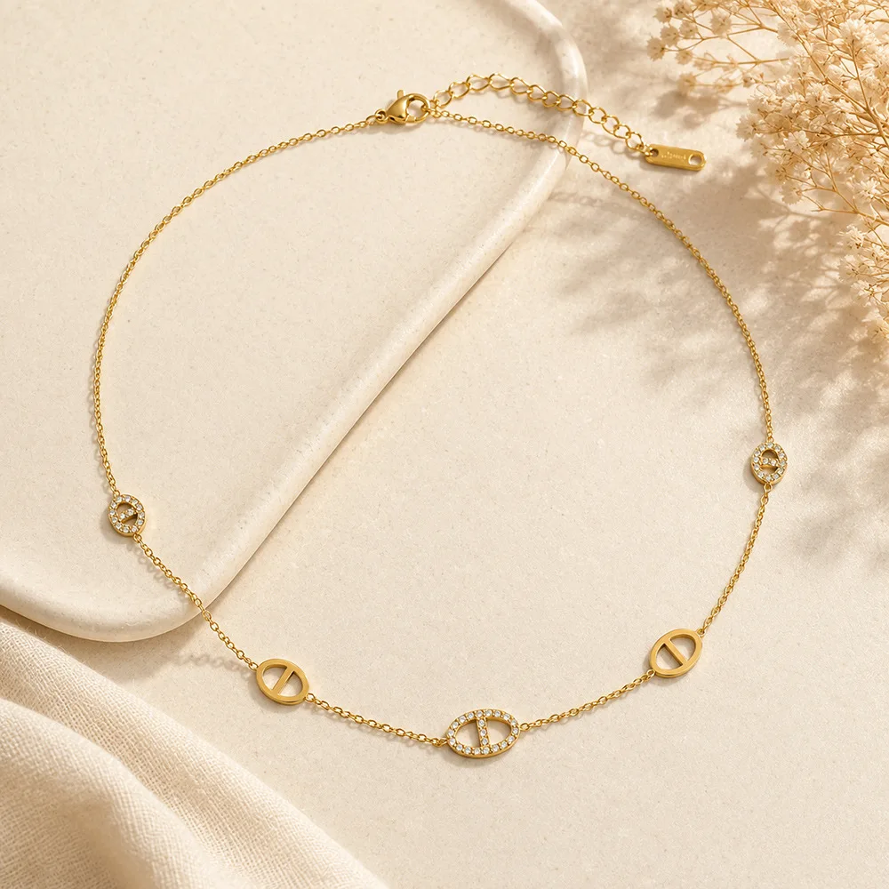 Women's 18k Gold Plated Multi Pig Nose Necklace Bracelet Set
