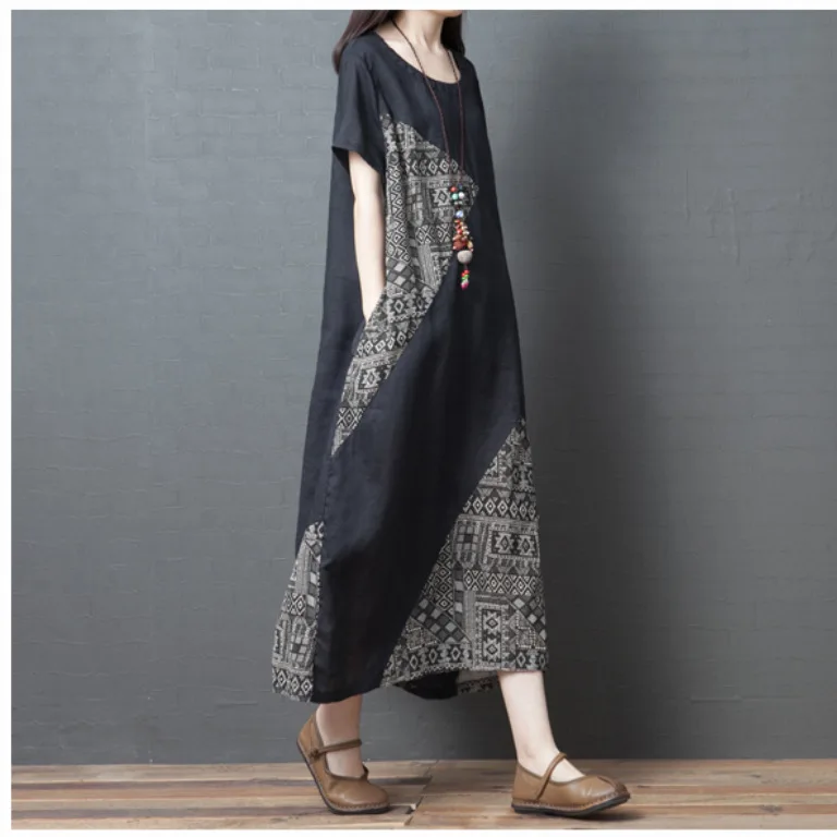 

Women's Summer New Loose Comfortable Short Sleeve round Neck Dress plus Size Casual Style Linen Material Mid-Length Skirt