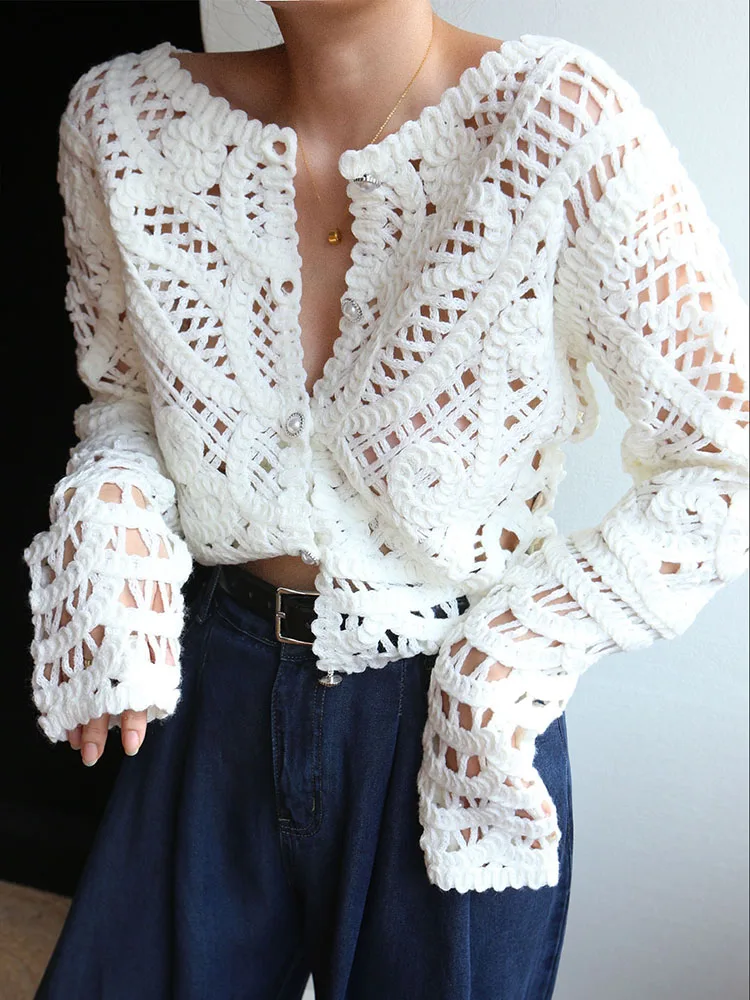 

Women Handmade Hollow Out Slim Fit Cardigan 2025 Spring Summer Tops