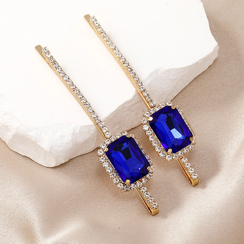 Blue Green Red Luxury Square Crystal Hair Barrette Rhinestone Slide Clip For Women Girls Chic Hair Jewelry