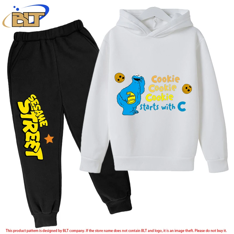 Sesame Street Children's Fleece Hoodie Set White Sports Sweatshirt Pants Two-piece Set for Boys and Girls