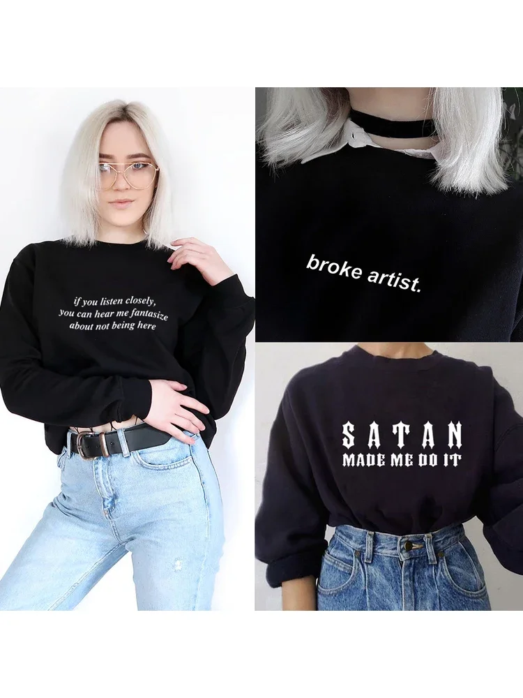 

Women Aesthetic Black Hoodie Sweatshirt Harajuku Hoodies Goth Slogan Funny Women Grunge Art Tumblr Streetwear