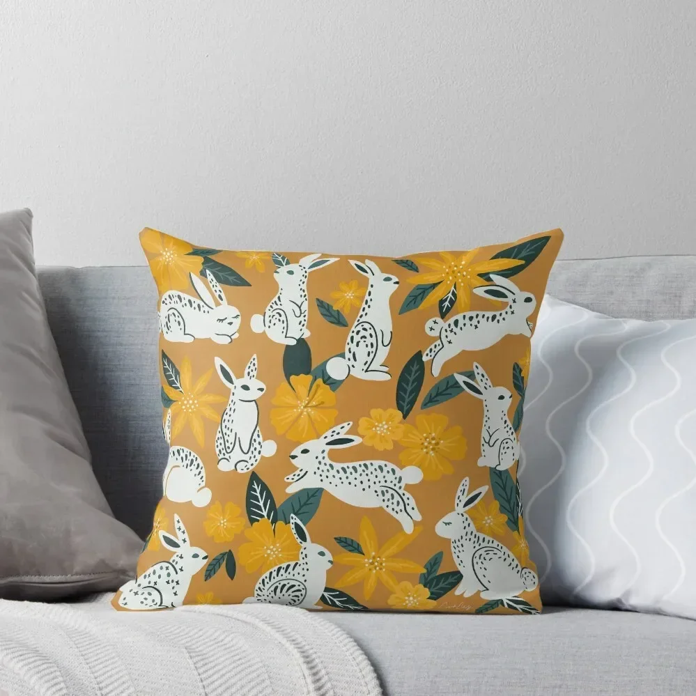 Bunnies & Blooms - Ochre & Teal Palette Throw Pillow Couch Pillows covers for pillows pillow