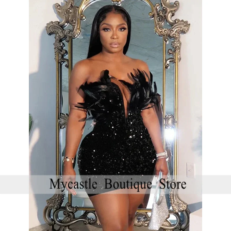 

Glitter Luxury Sequin Feather Sexy Strapless Deep V-neck Black Halter Tight Mini Dress Club Prom Dress Plus Size Customized