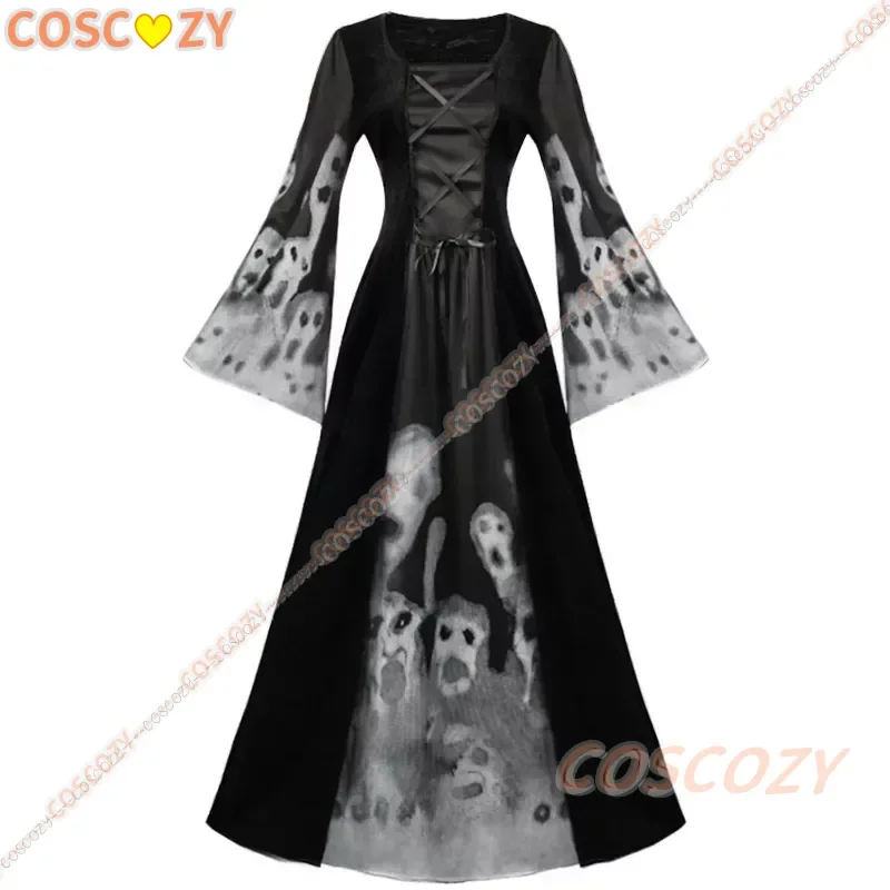 

Halloween Cosplay Costume Vintage Witch Vampire Gothic Dress Ghost Dresses Up Party Printed Medieval Ghost Bride Female Clothes