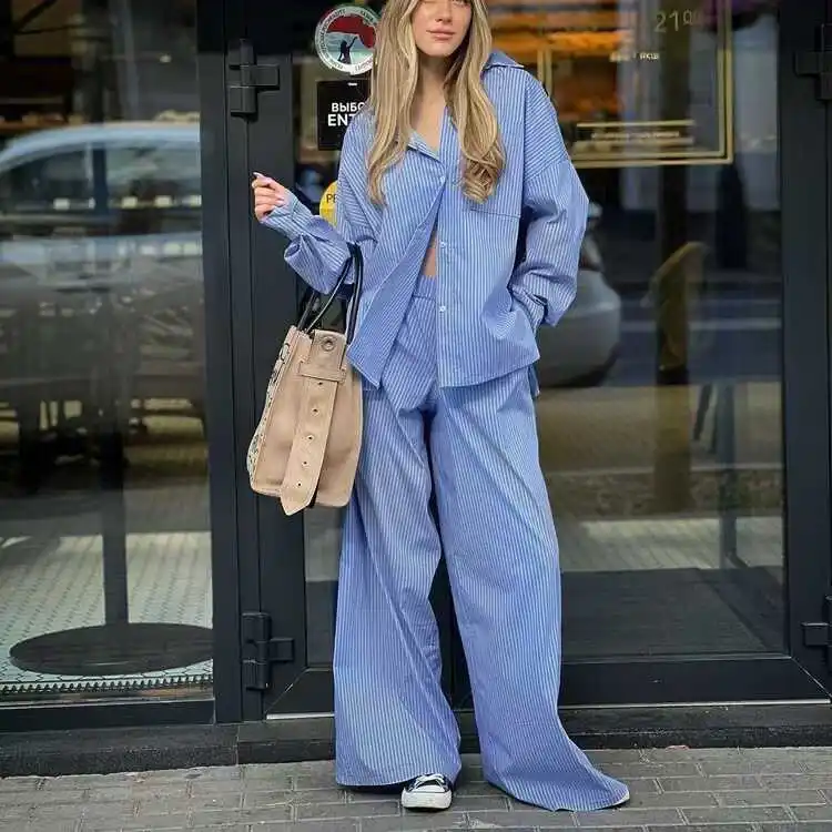 

Loose Open Cardigan Striped irt And Pants Set Long Sve Button up Faionable Two-Piece Women's Clothing Autumn 2024