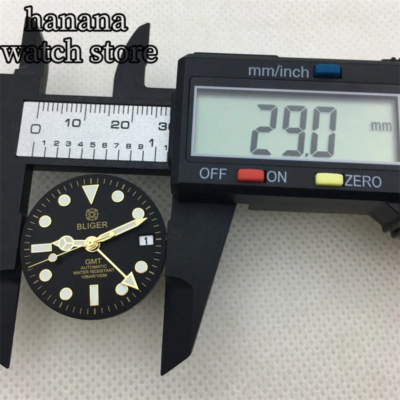 قرص يد BLIGER ذهبي وردي مقاس 29 مم مناسب لحركة GMT NH34 باللون الأخضر المضيء