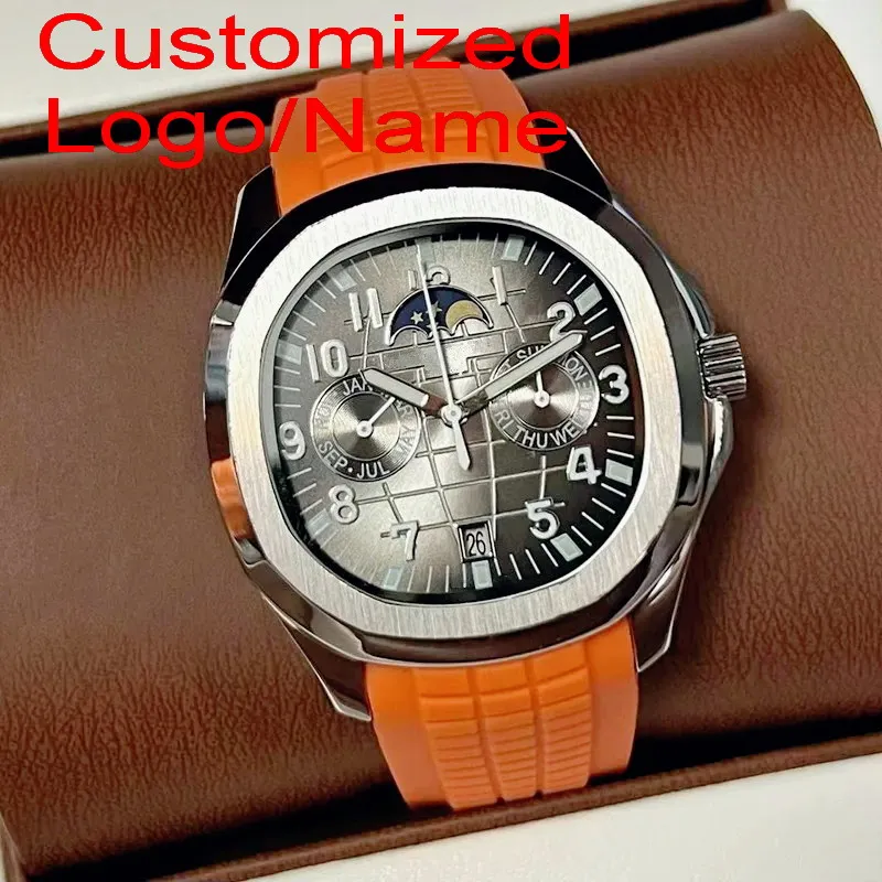 Customized Logo/Name Gentleman Automatic Mechanical Watches Decorative Moonphase No Actual Function Solid Stainless Steel Casing
