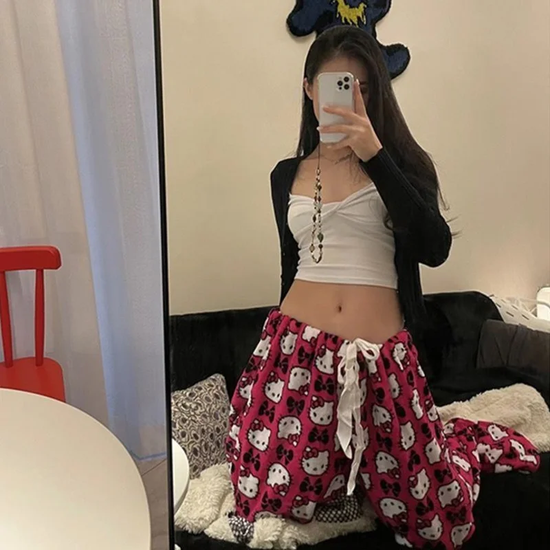 Sanrio Hello Kitty Wide Leg Pants Women Fashion Americen Vintage Trousers Traf Y2k Cartoon Print Pants New Aesthetic Casual Pant