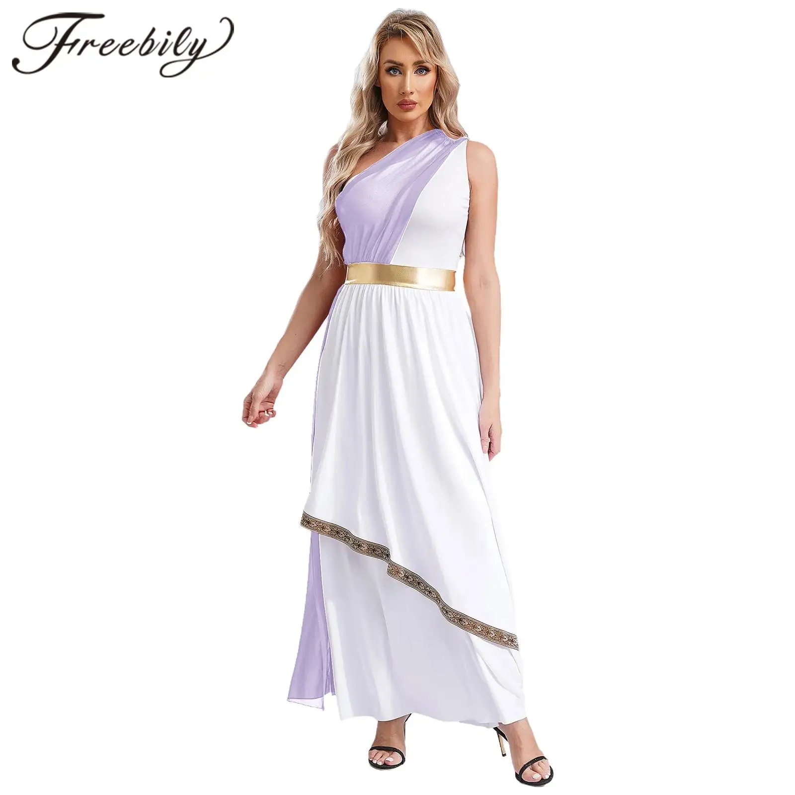 Womens Ancient Greek Princess Cosplay Dress Goddesses Queen Toga Costume for Halloween Carnival Party Deity Chiffon Robe Gown