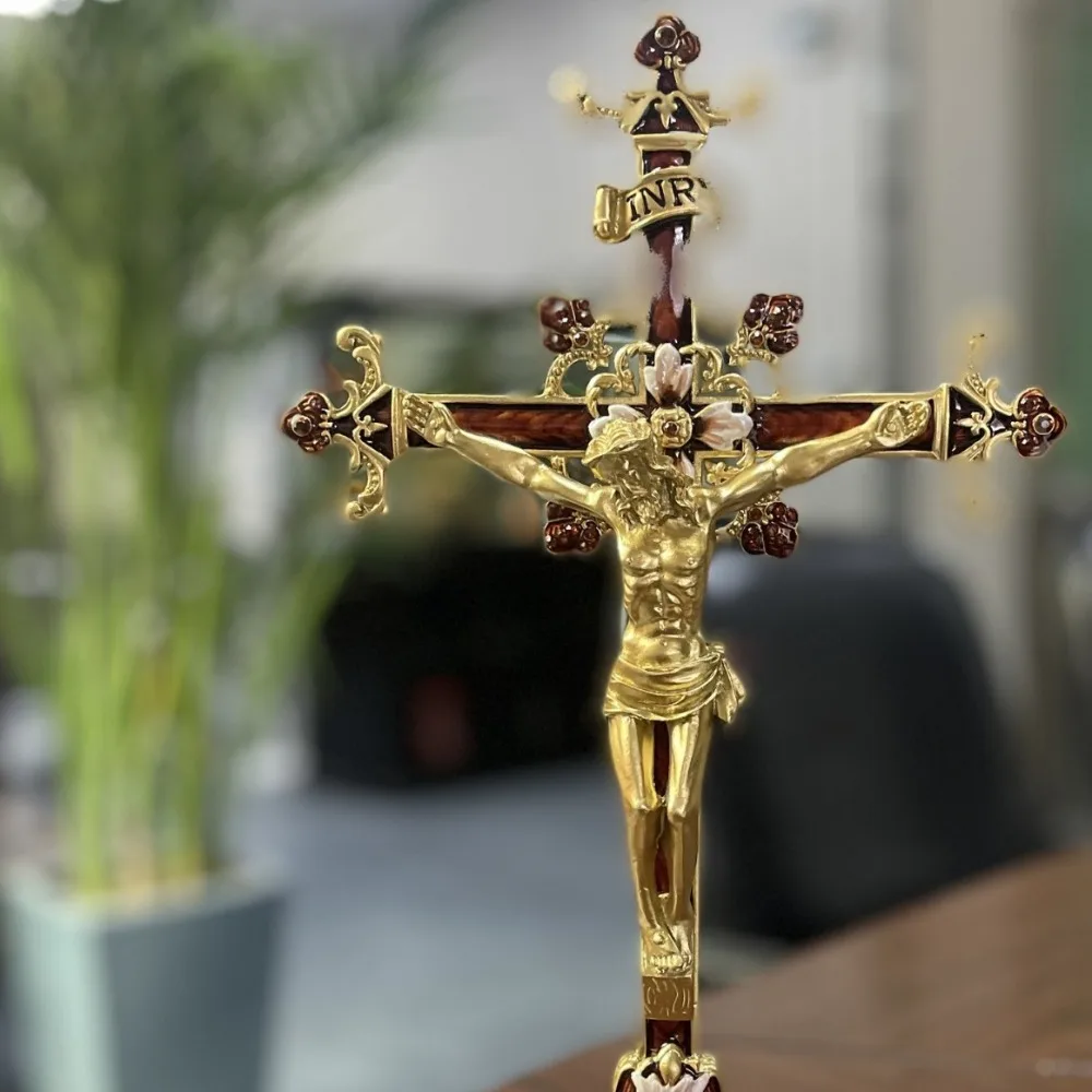 Vintage Metal Jesus Cross Statue Religious Home Church Tabletop Decor