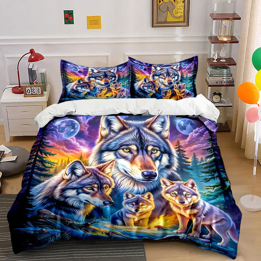 Wolves in forest night Pattern Duvet Cover Set Digital Print Colorful Polyester Bedding with Zipper Closur for kids gifts
