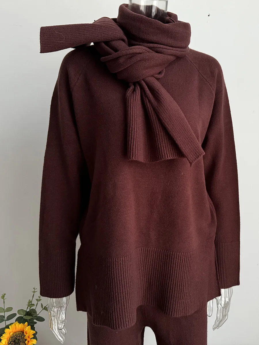 Herfst en winter nieuwe mode luie wijde broek tweedelige set effen kleur losse gebreide trui + broek met sjaal