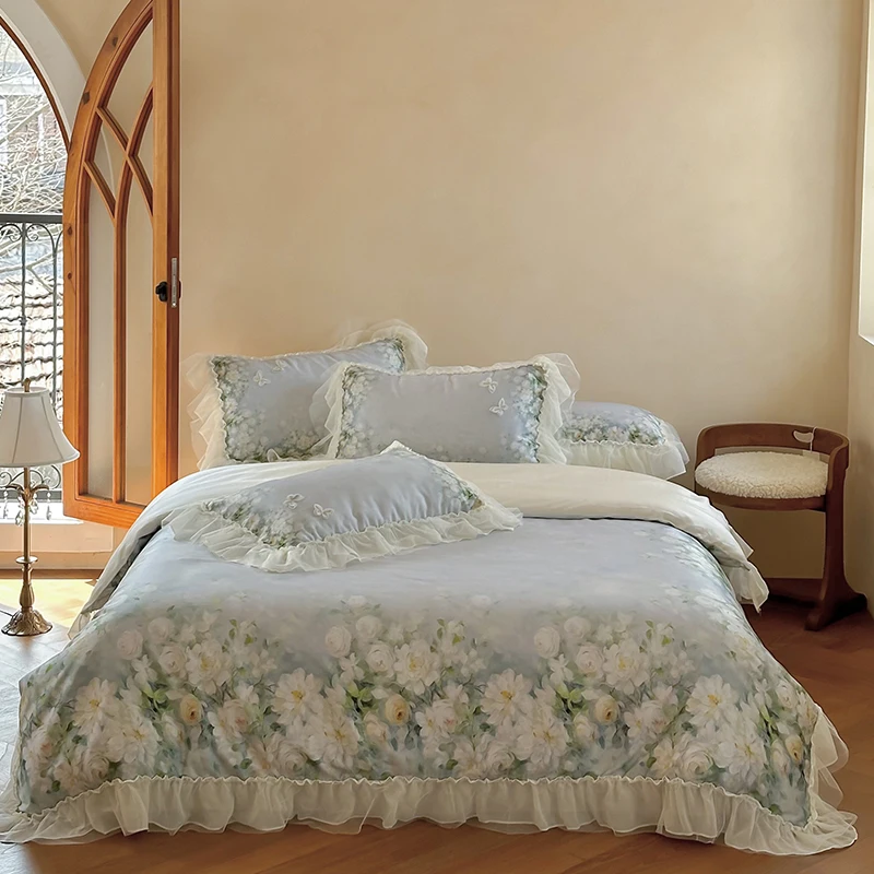 Flower Prints Ruffles Summer Cool Feeling Bedding Set 800TC Lyocell Soft Silky Duvet Cover Flat/Fitted Bed Sheet Pillowcase 4Pcs