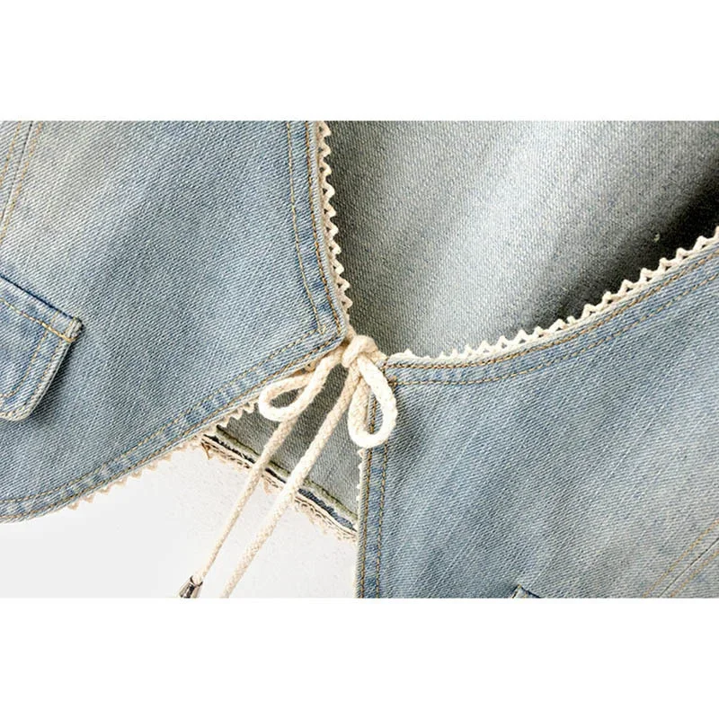 

Винтажная светло-голубая короткая джинсовая куртка, женский кардиган, ковбойская верхняя одежда, пояс с v-образным вырезом, короткий рукав, джинсовые куртки с большим карманом, женские