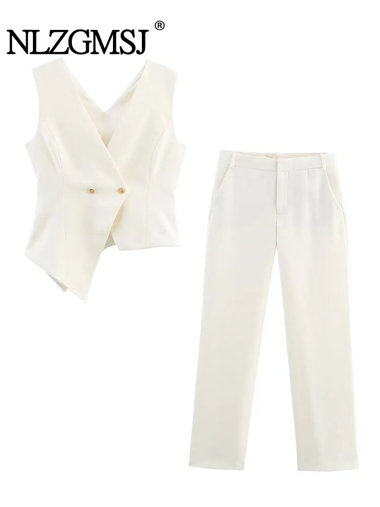 

Повседневный шикарный женский костюм без рукавов, асимметричный двубортный жилет с v-образным вырезом, прямые свободные брюки, новая мода, летние комплекты 2025 г.