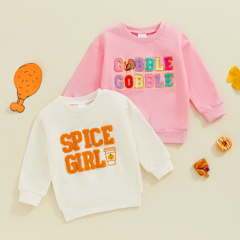 Toddler Girls Sweatshirts Thanksgiving Clothes Letter Turkey Embroidered Crew Neck Long Sleeve Baby Pullovers Tops