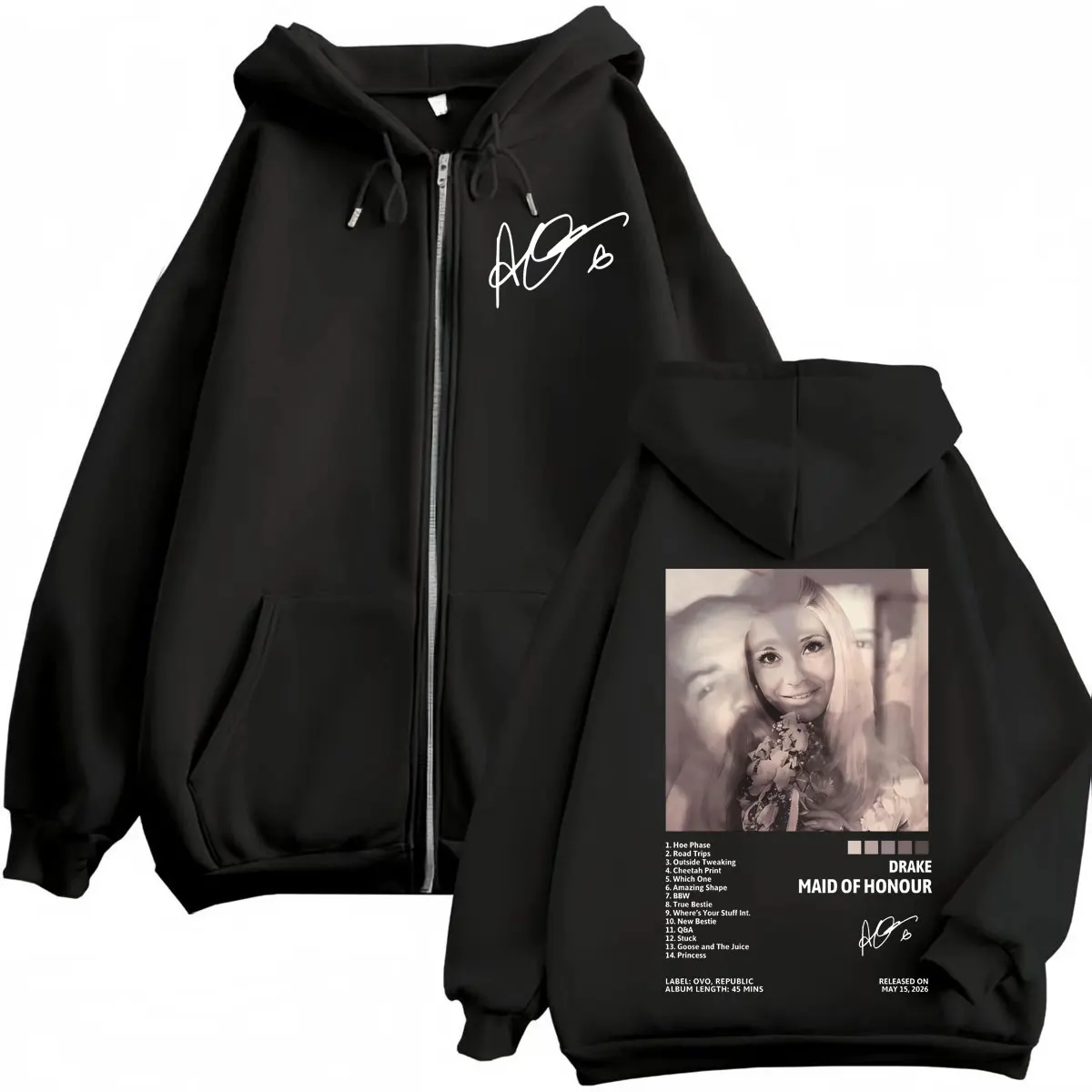 Moletom com Zíper Estampado Rapper Drake Maid of Honour, Jaqueta Vintage com Zíper, Pulôveres Casuais Soltos para Homens e Mulheres