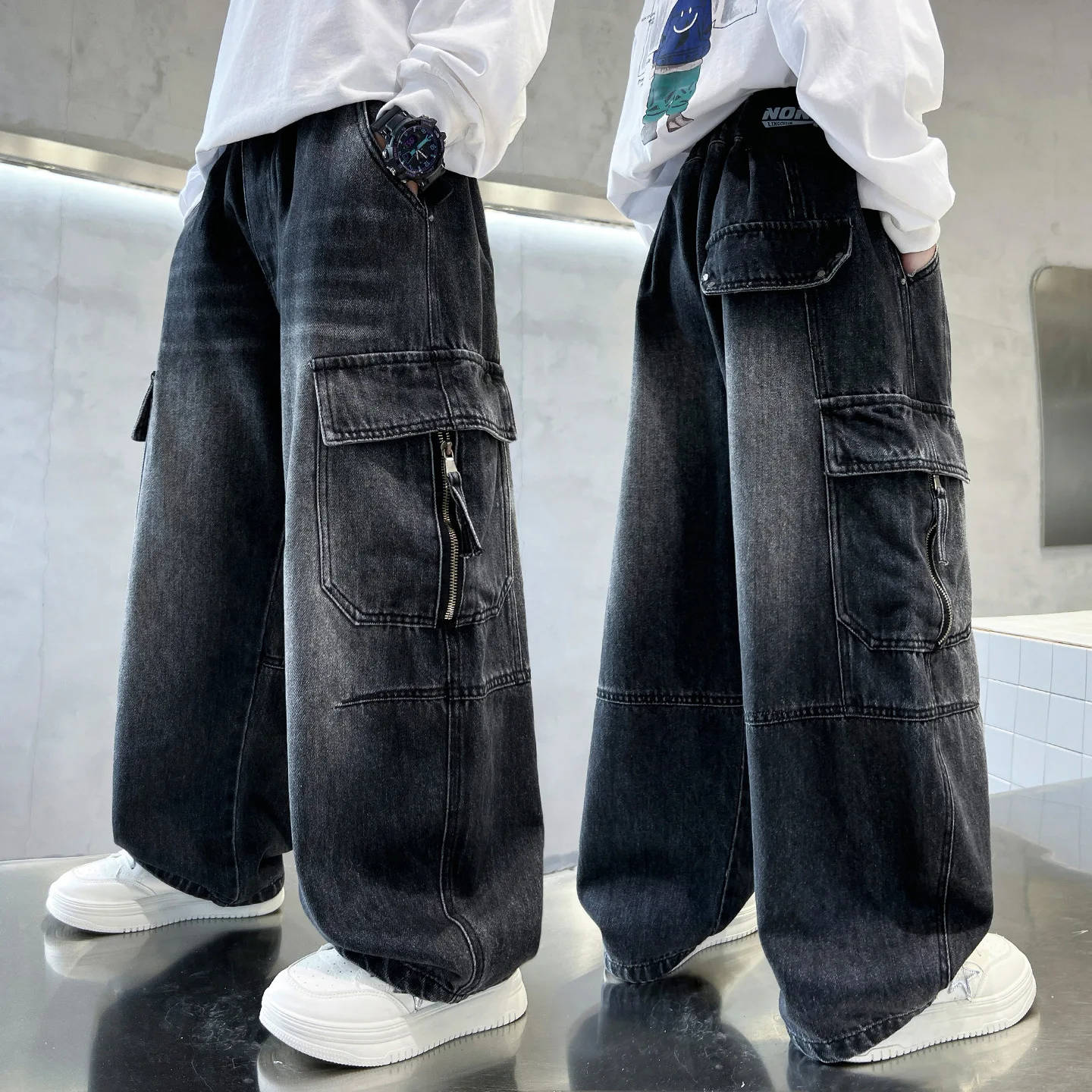 Korean Kids Streetwear Cargo Jeans Boy Hip Hop Retro Pockets Baggy Denim Pants Children Spring Autumn Casual Jeans Trousers