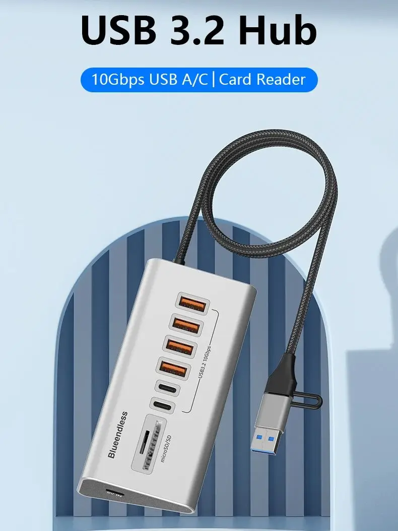 Hub USB 3.2 10Gbps Stacja Dokująca Typu C Rozdzielacz USB Typu C z Czytnikiem Kart Stop Aluminium Wielofunkcyjny 8/9 Portów Do Komputera PC Laptopa — zdjęcie produktu 7