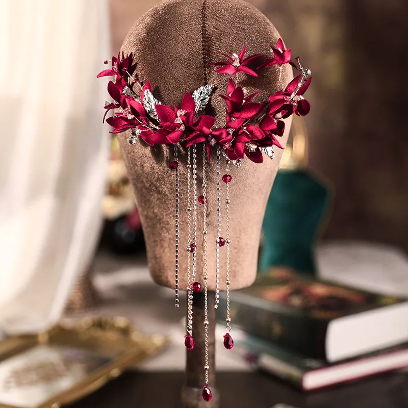 Nieuwe Rode Bloem Bruids Bruiloft Haarspeldjes Rode Kralen Kwastje Bloem Haar Clips Back Hoofd Bruiloft Hoofdtooi