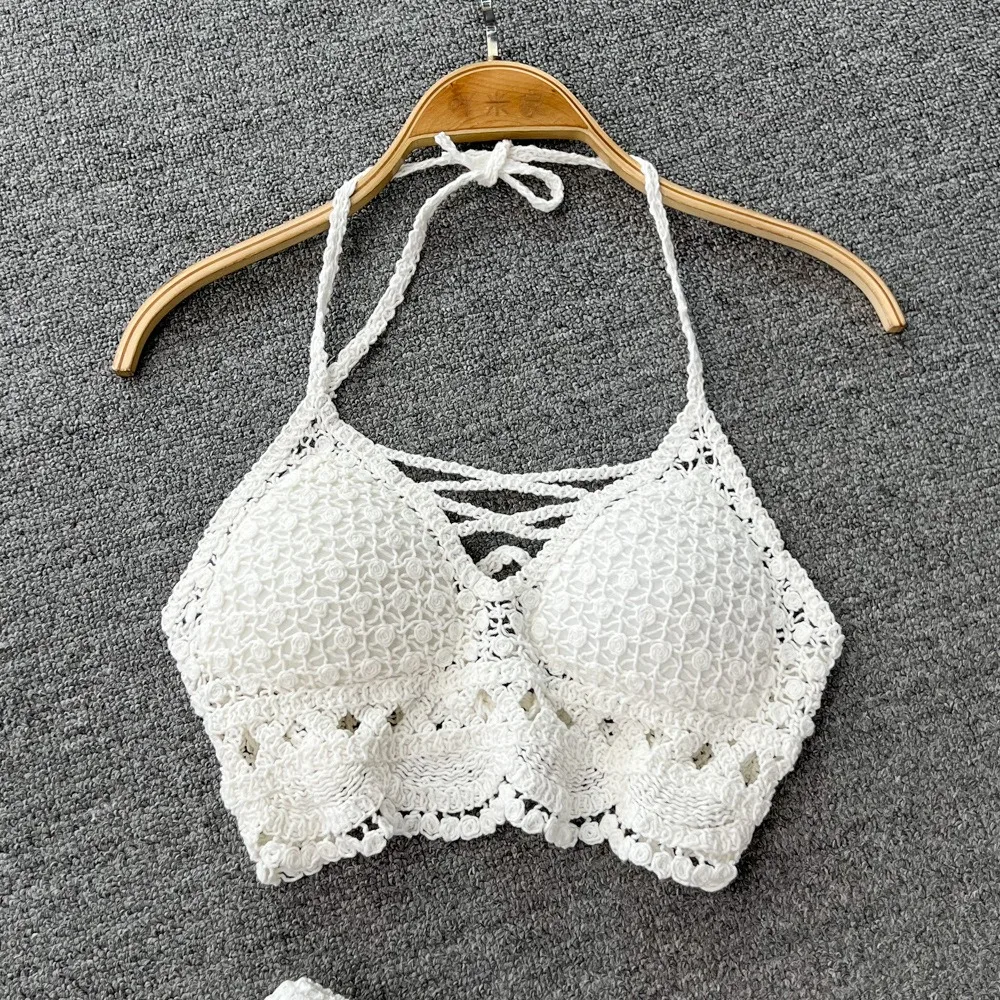 Beach Vaion Hot Spring Knitted Swimsuit Set Women's Sexy Hollow out Ne Hanging Vest Two Piece High Waist Wide Leg orts