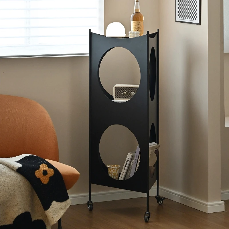 

Movable Corner Shelf Iron Storage Rack for Living Room & Bedroom Minimalist Cream-Color Organizer Stylish Side Table with Wheels
