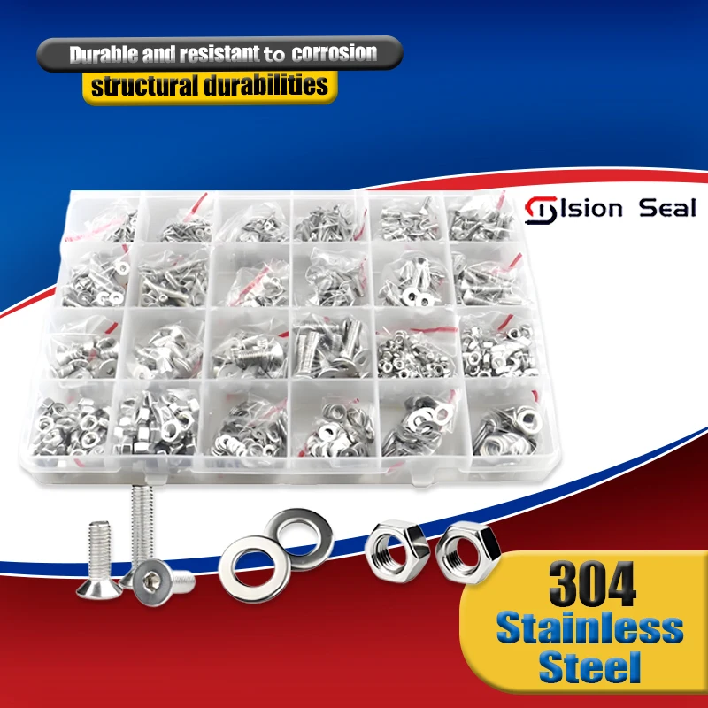 

M2 M2.5 M3 M4 M5 304 Нержавеющая сталь Шестигранная шестигранная головка Винт с плоской потайной головкой Набор мебельных болтов Коробка DIN7991