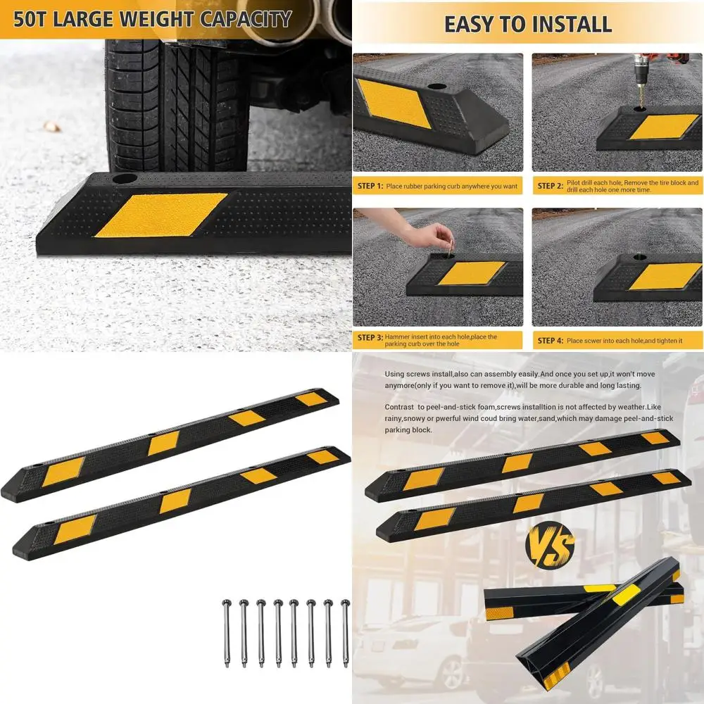 

Heavy-Duty Rubber Parking Curb, 72.8 Ext., 44,000 Lb Capacity, Reflective Strips, UV/Oil Resistant for Driveways and Commercial