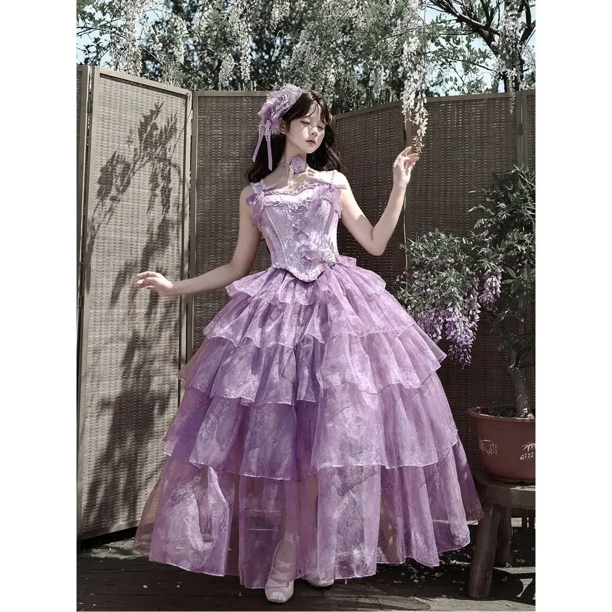 Sweet Fairy Lolita JSK Princess Dress Elegant Purple Floral Lace Multi-Layer Fluffy Dress Suitable for Weddings Cosplay Parties
