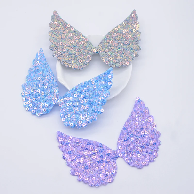 10 pçs 9.5*6.8cm/3.74*2.68 polegada asa de anjo apliques glitter lantejoulas asa de fada remendos de costura diy headwear gravata borboleta acessórios