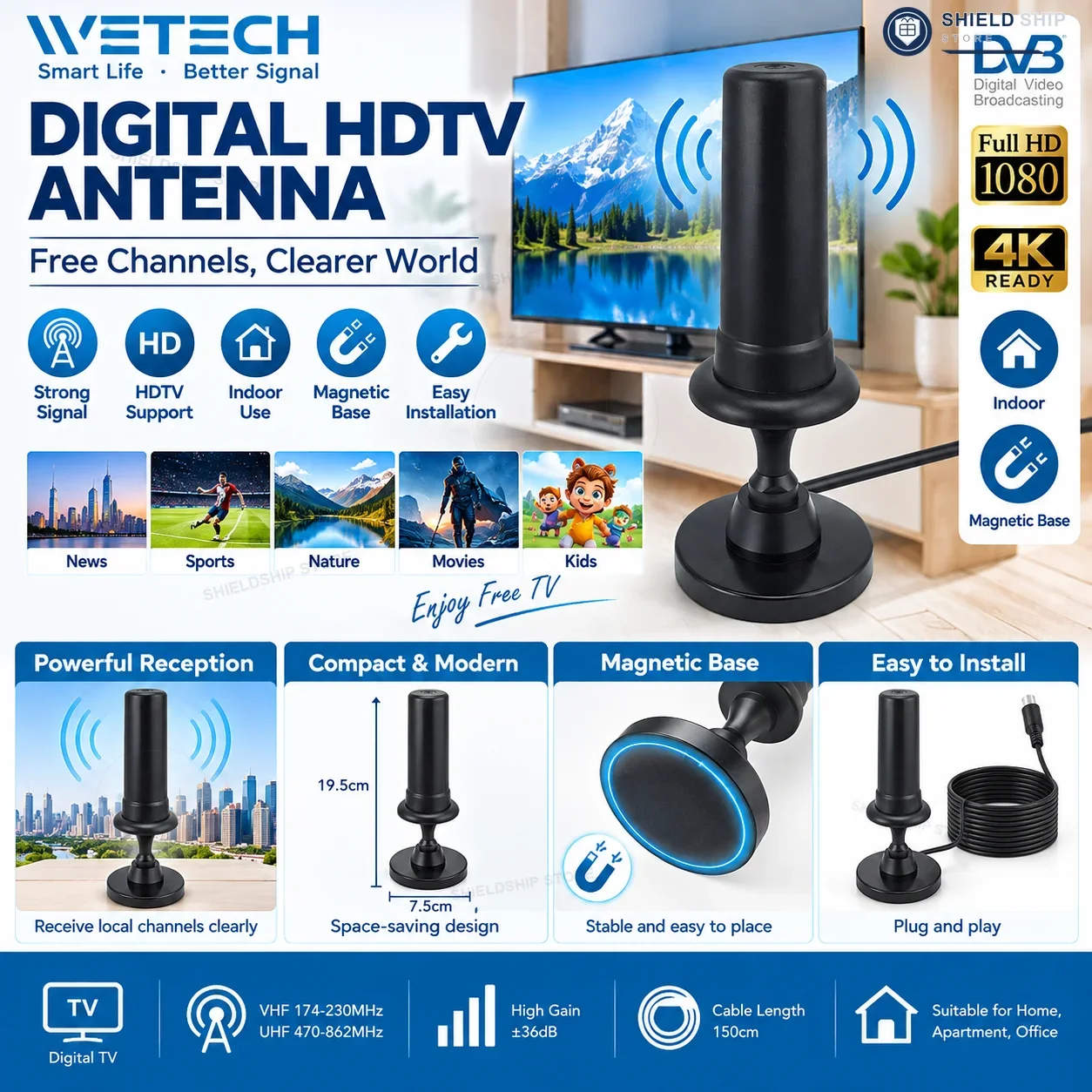 Antenna TV digitale HDTV da interno con base magnetica, elevata capacità di ricezione del segnale VHF e UHF, cavo da 1,5 m, antenna televisiva compatta e portatile per casa, appartamento, ufficio,