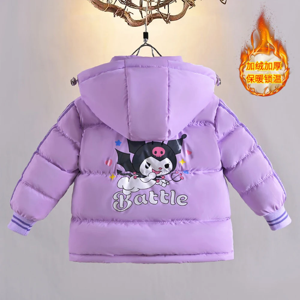 Kawaii Sanrios Anime Kuromi Kids Winter Jacket for Girls Korean Style Thicken Warm Princess Hooded Down Jackets Cute Outwear