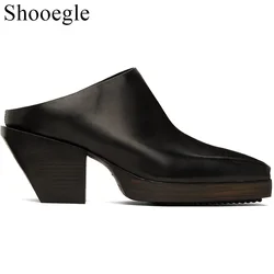 New Arrival Men's Genuine Leather Slippers Square Toes Strange High Heel Male's Black Shoes Height Increasing Male Shoes
