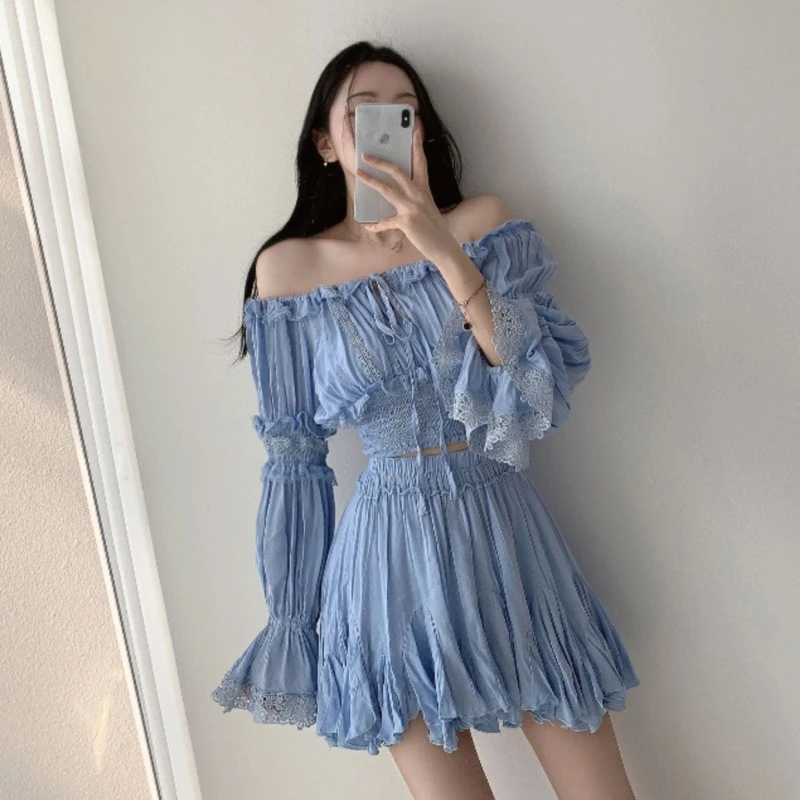 Flare Sleeve Slack Neck Shirts+Ruffle Skirt Vacation Summer 2 Piece Set Fashion Solid T-shirts And Pleat A-line Short Skirts Set