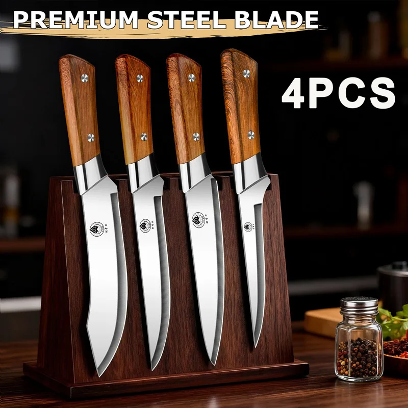1/4PCS Stainless Steel Kitchen Knife Set Professional Chef Meat Cleaver Boning Knives with Ergonomic Wood Handle Cooking Tools